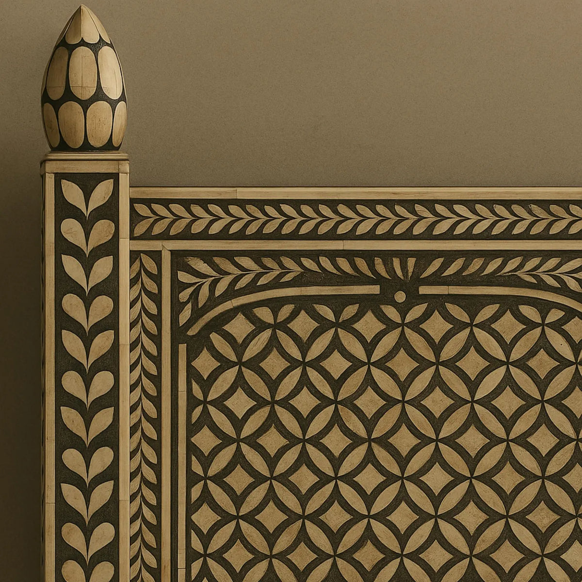 Macro detail of bone inlay headboard corner with carved lotus finial post, geometric trellis and leaf border inlay pattern, Jodhpur craft