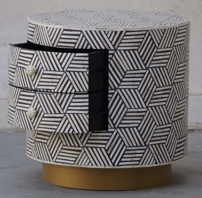 Round bone inlay bedside cabinet showing open drawer interior, geometric hexagonal inlay pattern, and gold base