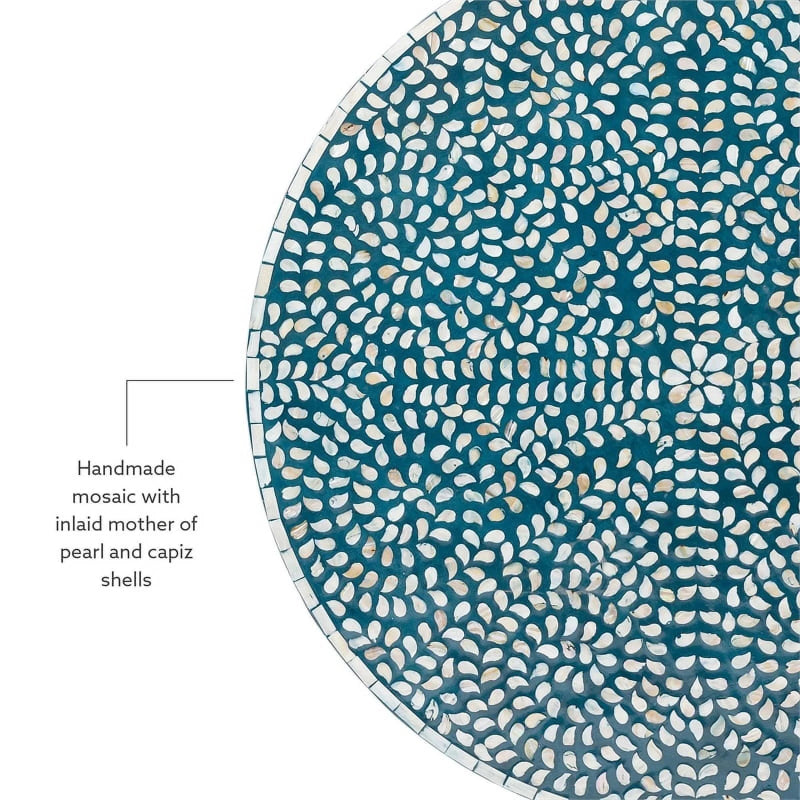Teal and white bone inlay round center table with intricate leaf pattern and gold brass plinth, premium handmade MOP inlay furniture for modern luxury interiors