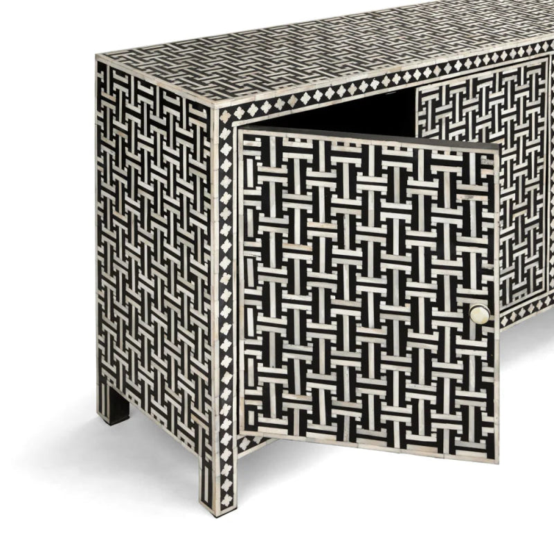Detailed view of hand-laid basket weave bone inlay mosaic on sideboard door and side panel with white diamond border strip and precision black resin line work craftsmanship.