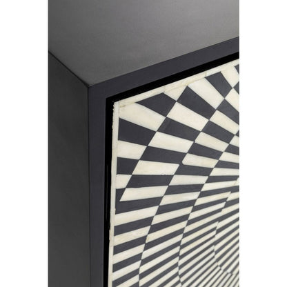 Top corner detail of black wooden frame on bone inlay starburst sideboard, showing wavy optical illusion black and white inlay door panel craftsmanship