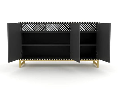 Bone inlay black and white sideboard cabinet with all three doors open showing interior shelves and three inlay-patterned drawers with brass legs
