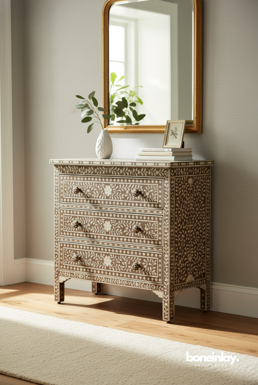 Bone inlay spiral design three drawer chest in walnut brown, handcrafted floral pattern dresser in styled bedroom
