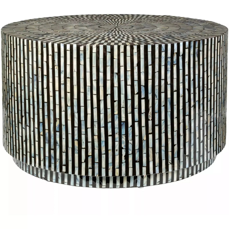 Handmade black and white bone inlay round coffee table showing vertical stripe sides and concentric sunburst patterned top, luxury artisan drum coffee table for modern home decor