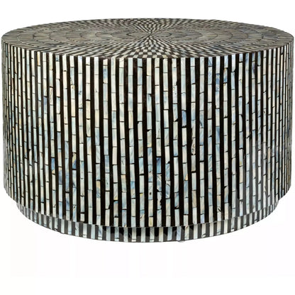 Handmade black and white bone inlay round coffee table showing vertical stripe sides and concentric sunburst patterned top, luxury artisan drum coffee table for modern home decor