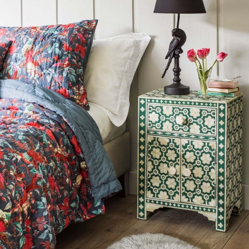 Bone Inlay Teal Floral Nightstand featuring Intricate Star-Floral Pattern, Solid Wood Frame with One Drawer and Two Door Storage Cabinet