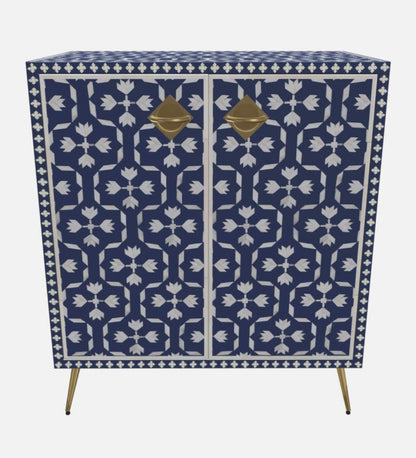 Bone inlay two-door cabinet in navy indigo with white tulip motif, brass diamond pulls and tapered legs