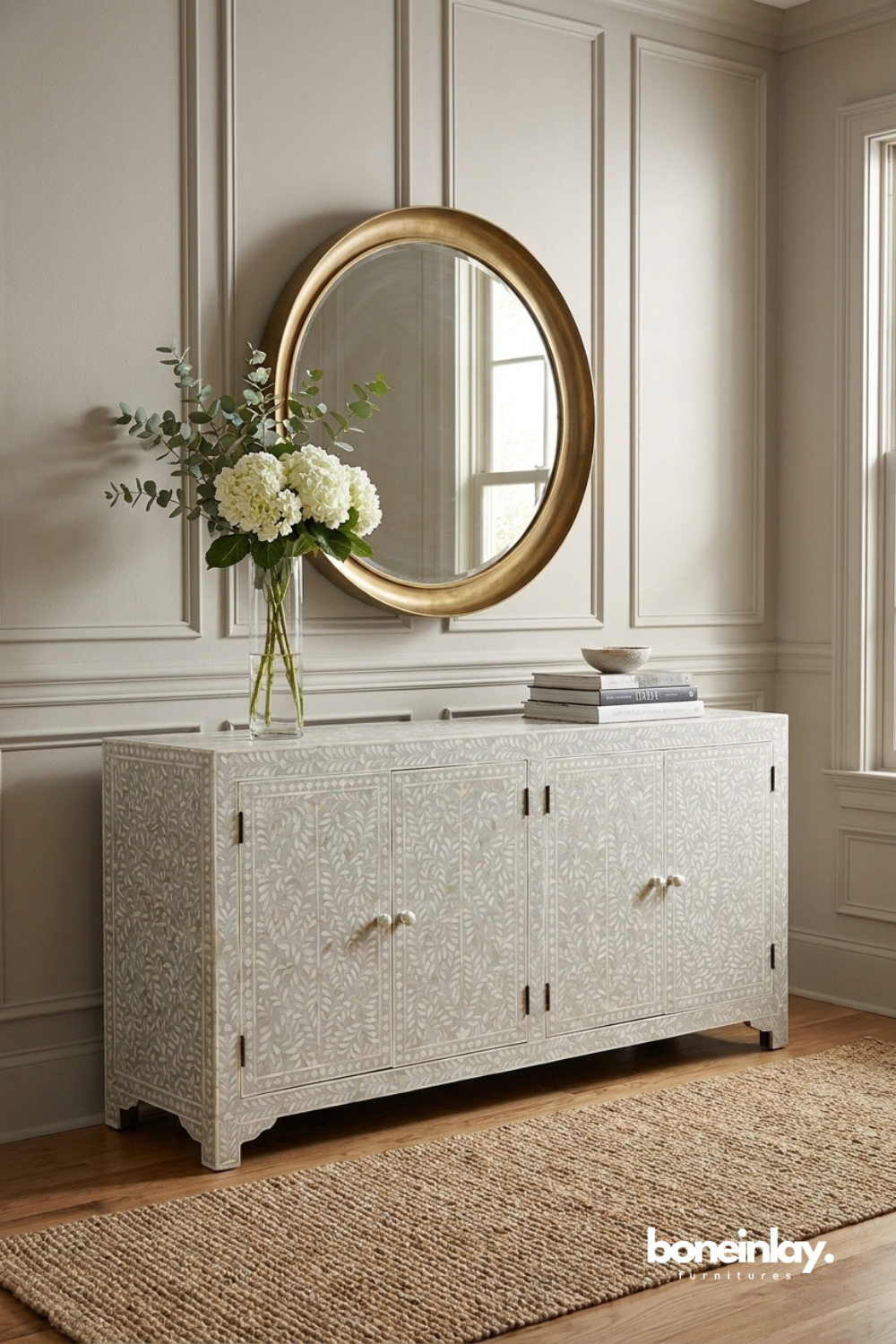Handcrafted bone inlay sideboard featuring geometric mosaic pattern with elegant brass hardware.