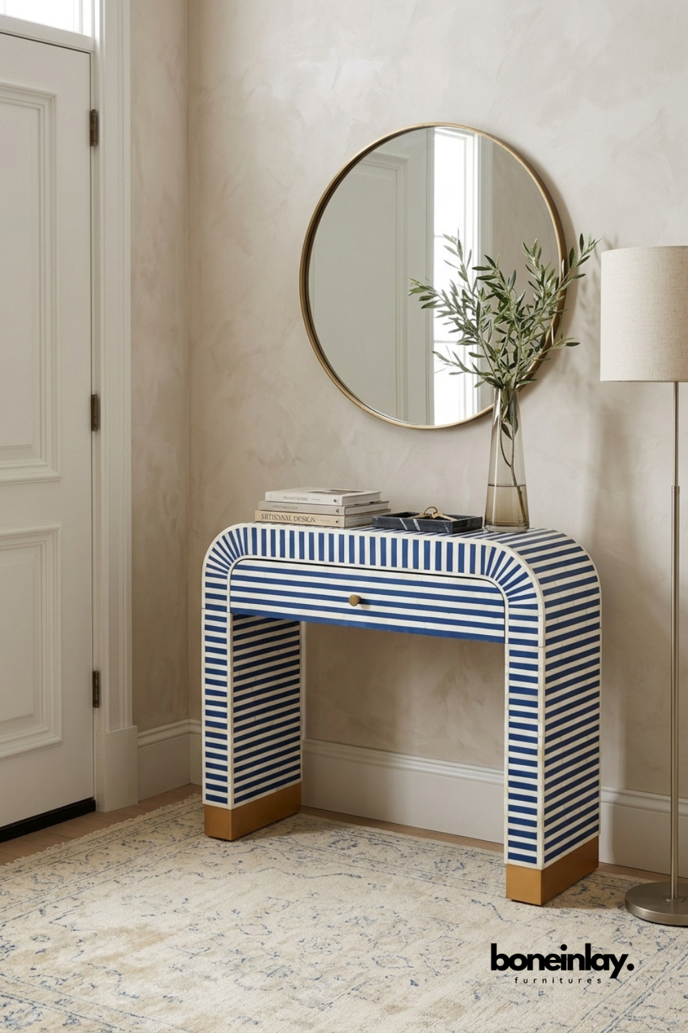 Blue and white striped bone inlay console table with curved waterfall design, single drawer, handcrafted striped inlay pattern, and modern entryway accent furniture.