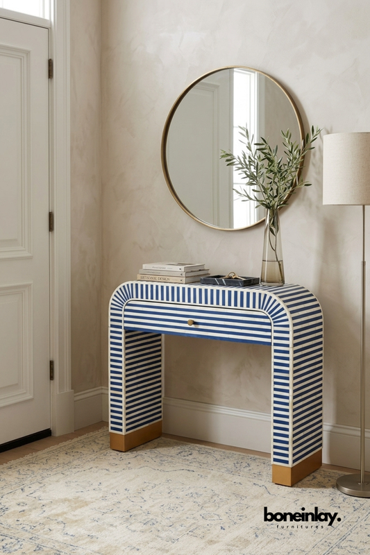 Blue and white striped bone inlay console table with curved waterfall design, single drawer, handcrafted striped inlay pattern, and modern entryway accent furniture.