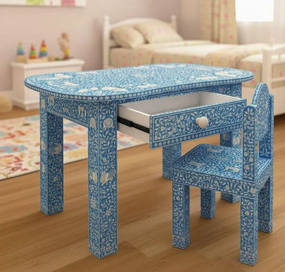 Blue bone inlay kids desk and matching chair with floral and animal motifs, shown with the desk drawer open.