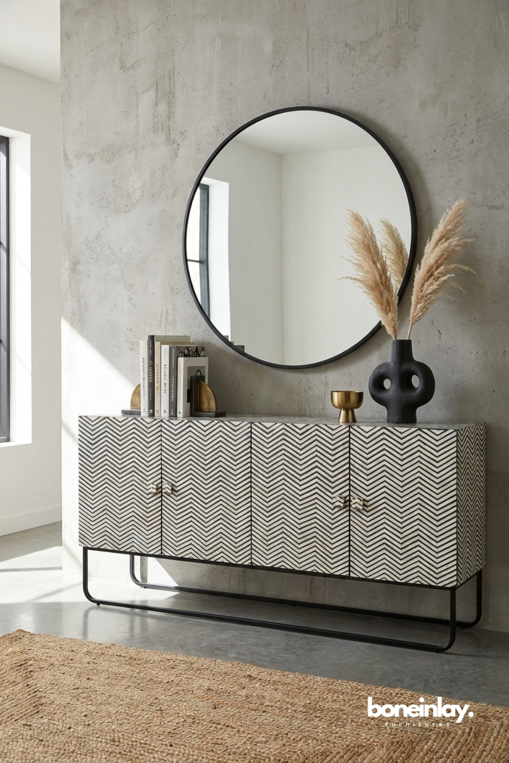 Black and white chevron bone inlay sideboard cabinet with black metal base and modern profile