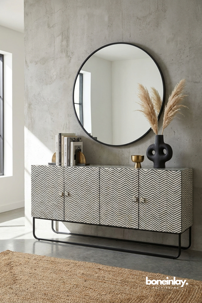 Black and white chevron bone inlay sideboard cabinet with black metal base and modern profile