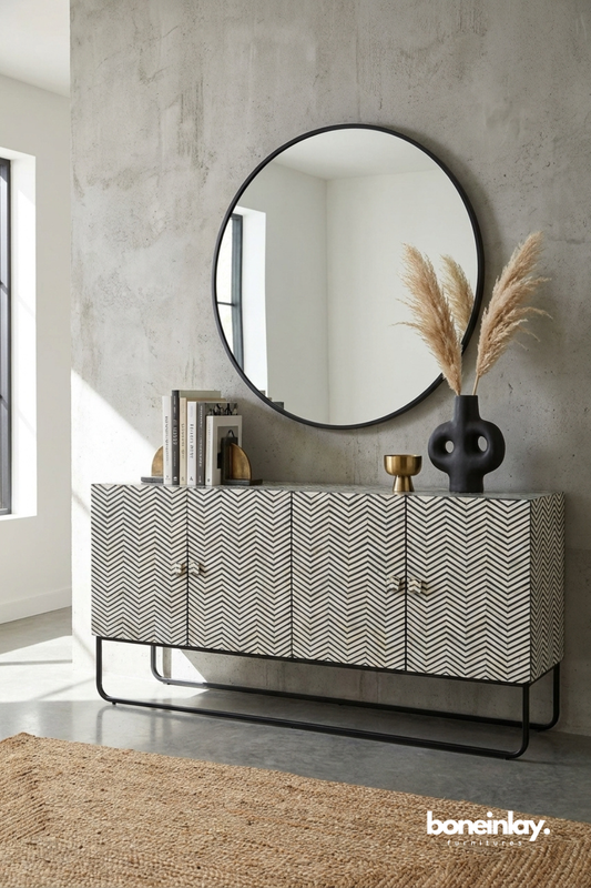 Black and white chevron bone inlay sideboard cabinet with black metal base and modern profile