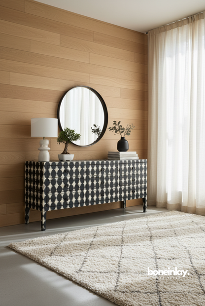 A luxury harlequin bone inlay nine-drawer dresser featuring a bold black and white diamond geometric pattern. The expansive credenza is handcrafted with intricate bone pieces laid into a dark resin, supported by matching tapered inlaid legs. Shown in a modern, light-filled interior with wood-paneled walls and a circular mirror, this artisanal storage cabinet blends traditional craftsmanship with a sophisticated, high-contrast bohemian aesthetic.
