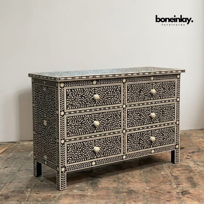 Handcrafted black and white bone inlay 6-drawer dresser with floral vine mosaic pattern and carved bone knobs
