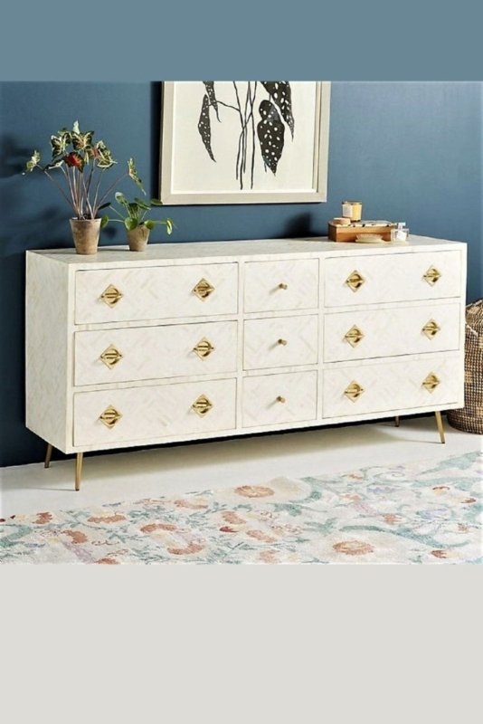 Bone inlay optical 9 drawers dresser in white