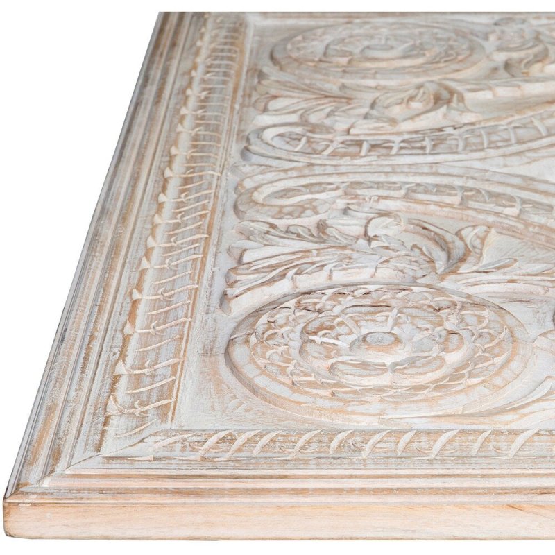 Botanical wood decorative mirror with a rustic finish, edge detail view showing layered trim and raised floral carving.