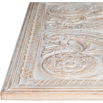 Botanical wood decorative mirror with a rustic finish, edge detail view showing layered trim and raised floral carving.