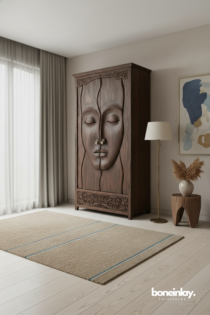 Hand Carved Tribal Face Wardrobe Cabinet in Solid Wood