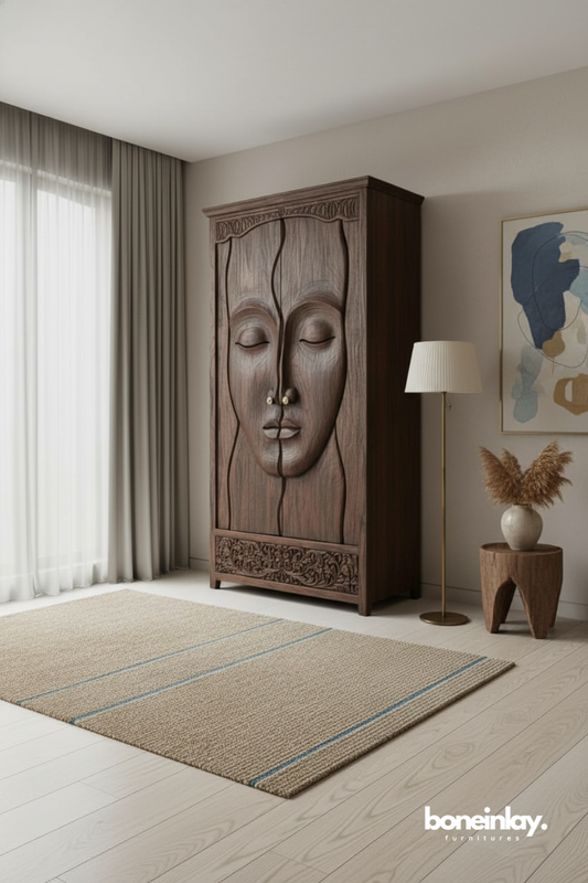 Hand Carved Tribal Face Wardrobe Cabinet in Solid Wood