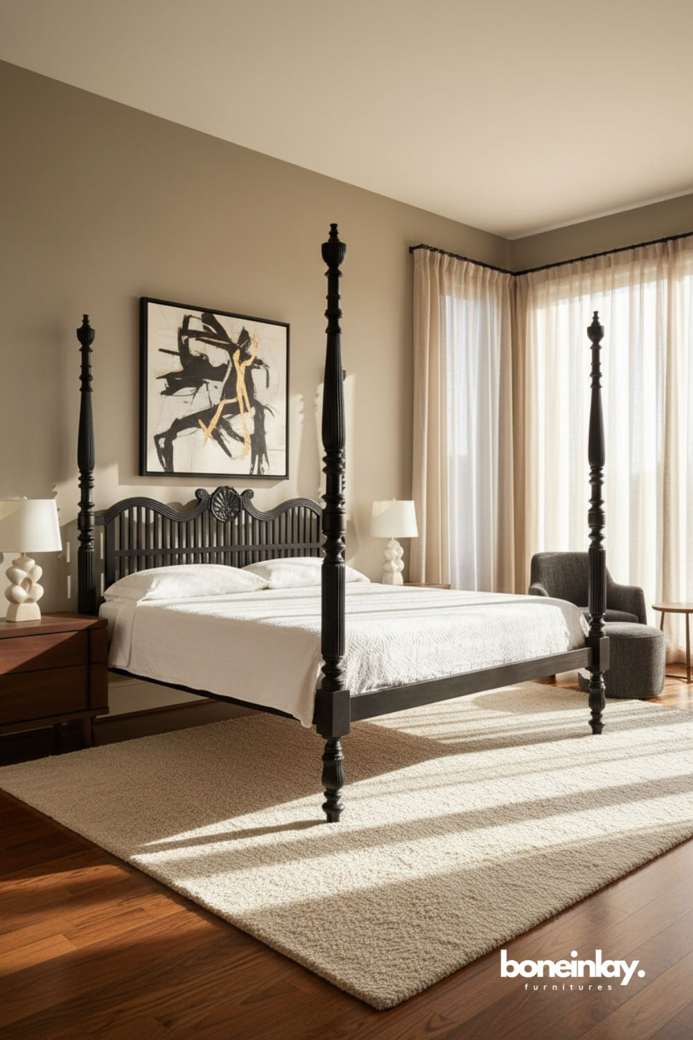 Black carved four poster bed with decorative spindle posts and traditional wood craftsmanship.