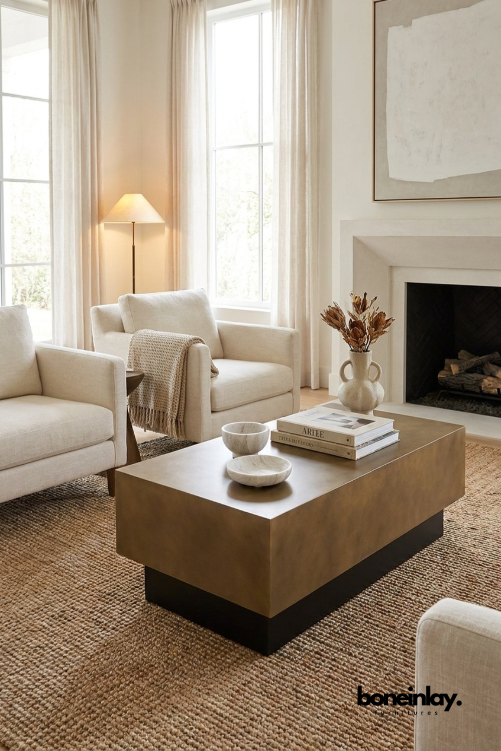 Modern Brown Rectangular Coffee Table with Black Base