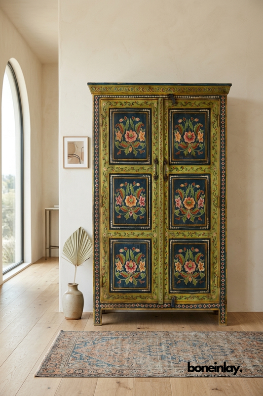 Hand-painted wood armoire in olive green with navy blue floral panels.
Vibrant pink and orange floral motifs decorate each door panel.
Detailed diamond border trim runs along the edges and frame.
A vintage-inspired statement piece styled near an arched window.