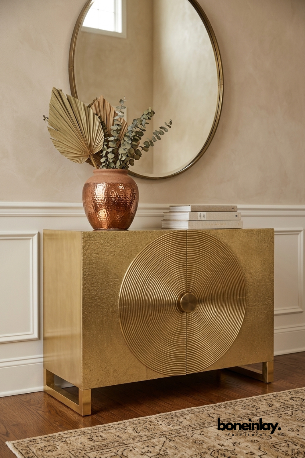 Modern gold textured sideboard cabinet with sculptural circular pattern doors, luxury storage cabinet for dining room, living room, or contemporary home interiors.