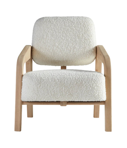 Front view of a modern lounge chair with white bouclé textured upholstery and a light-toned solid oak wood frame against a neutral background.