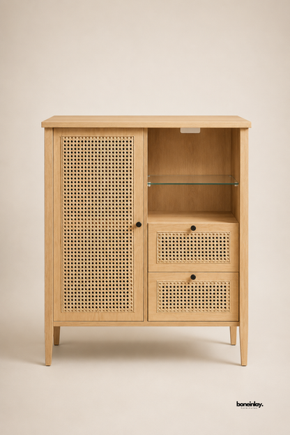 Artisan-crafted light oak cabinet featuring woven rattan cane door and drawer fronts, black knob hardware, and an open display niche with a glass shelf. Set on a neutral studio background, this multi-functional storage unit provides clean Scandinavian lines, breathable natural textures, and ample organization for living spaces.