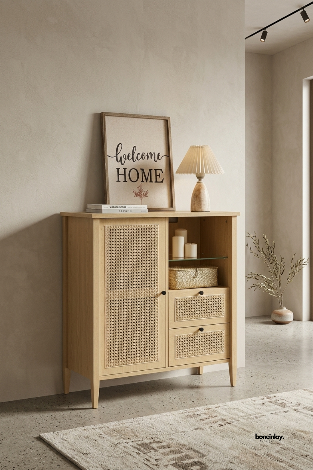Scandinavian-inspired natural oak storage cabinet featuring woven cane door inserts, two small cane-front drawers, and an open display shelf with glass divider. Styled in a welcoming entryway beside a textured ceramic lamp and framed art print, this versatile console offers functional concealment and breezy bohemian elegance.