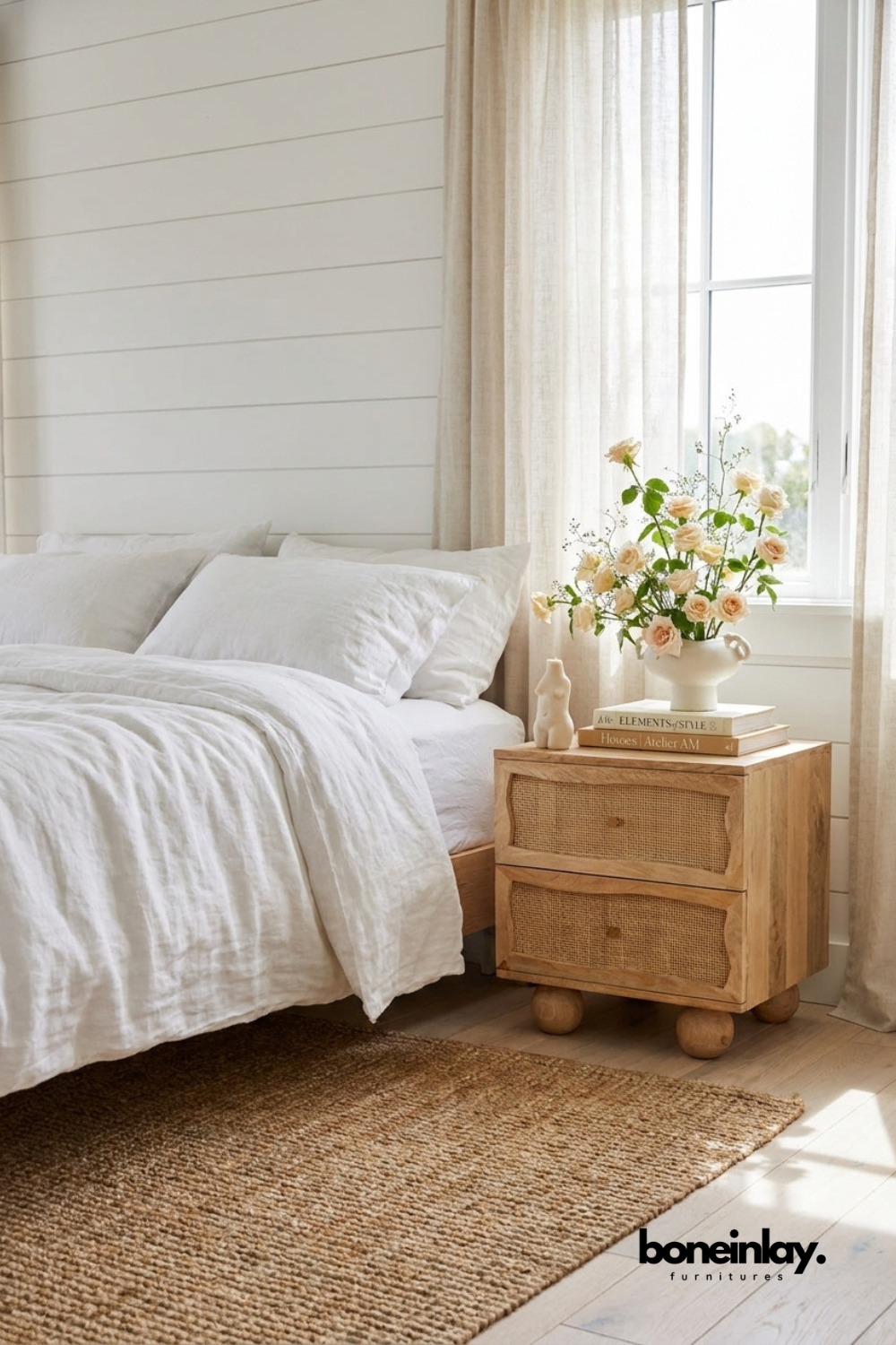 Natural Rattan Nightstand Beside White Linen Bed in Coastal Bedroom