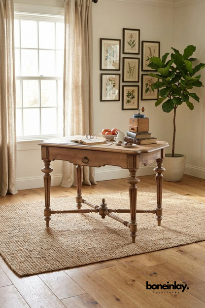 Solid wood writing desk with turned legs and storage drawer, traditional home office desk, classic wooden study table