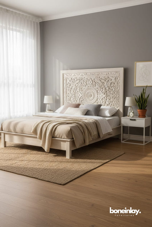 Hand-Carved Wooden Bed with Mandala Design Headboard