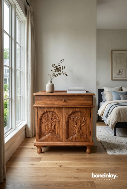 A wooden cabinet featuring hand-carved panels depicting a tree and a stag on the doors, with a single drawer above, placed in a modern bedroom setting.