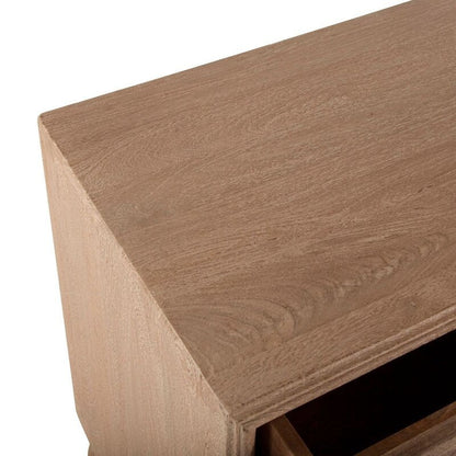 Carved Floral Nightstand showing a close view of the light natural wood surface and decorative floral scrollwork