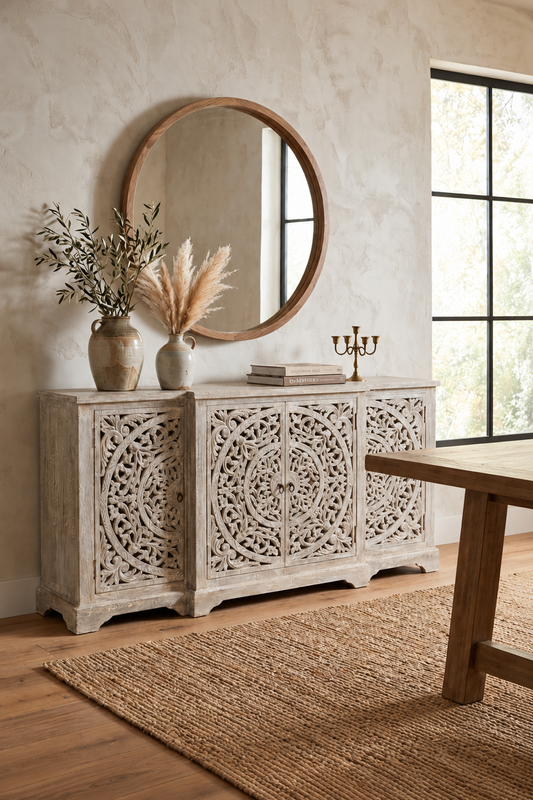 Whitewashed carved wood sideboard in a straight-on front view, with doors covered in ornate circular floral mandala patterns.
