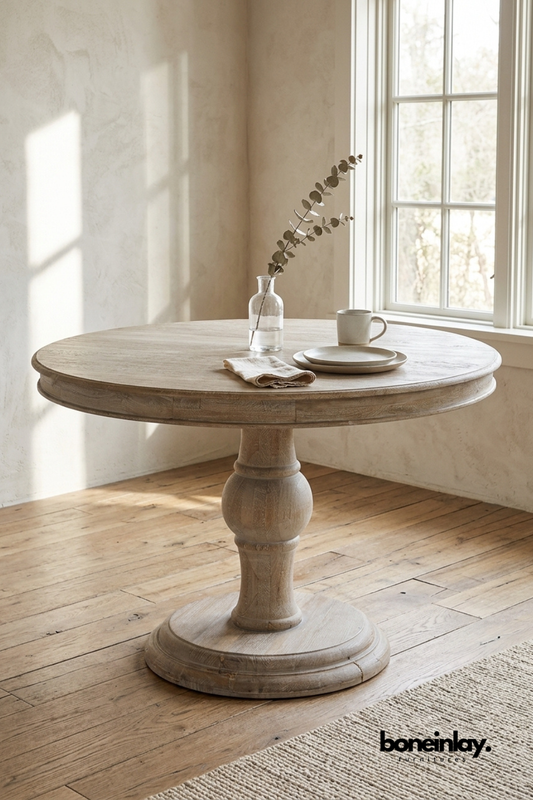 Round Pedestal Dining Table in Natural Oak Finish, Rustic Modern Wooden Dining Table, Solid Wood Round Kitchen Table for Farmhouse and Scandinavian Interiors