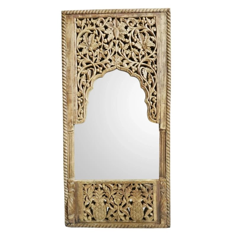 Rectangular carved wall mirror in rustic wood, front view with open floral scrollwork above an arched glass panel.