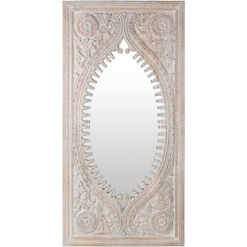 Carved wood decorative mirror with a rustic finish, front view showing floral medallions around a marquise-shaped opening.