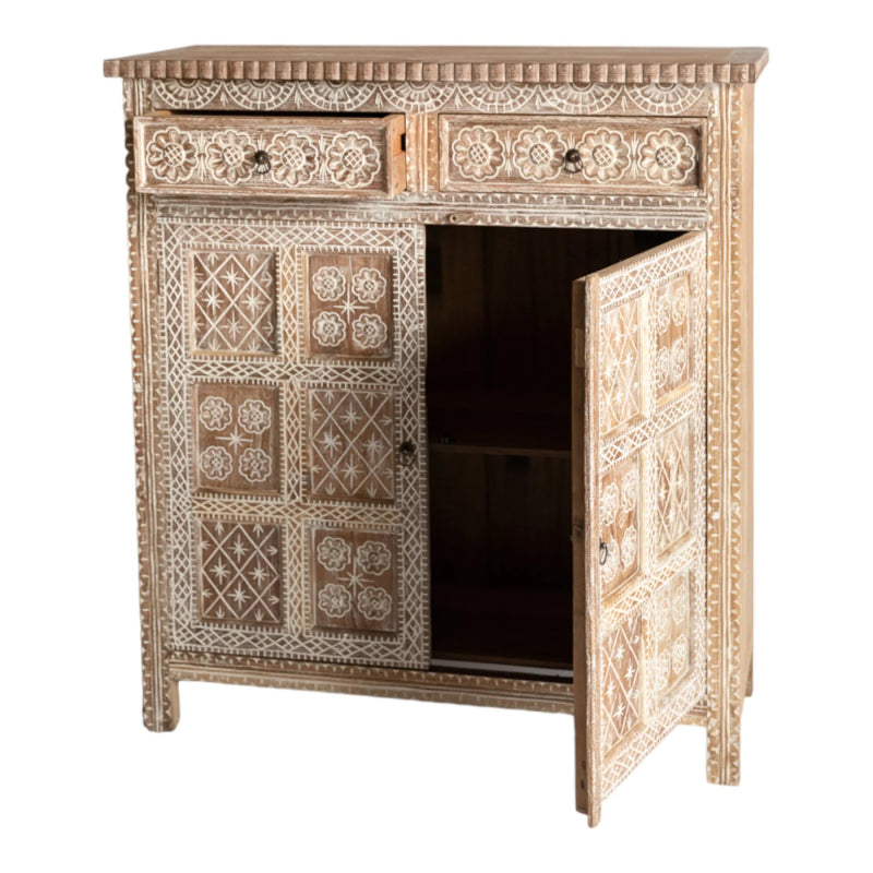 Carved wood kitchen cupboard in a whitewashed finish, shown in a front view with its right door open to reveal storage.