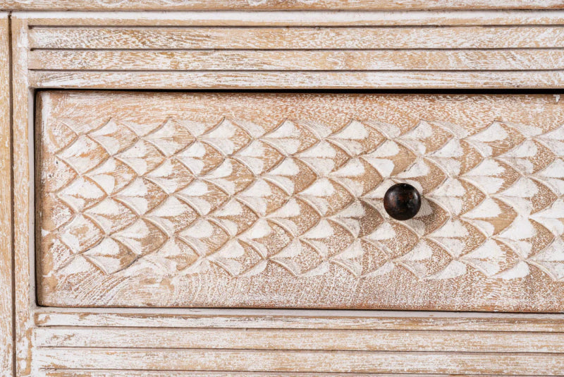 Carved Wood Media Console in distressed white, shown in a close-up of its carved drawer and surrounding trim.