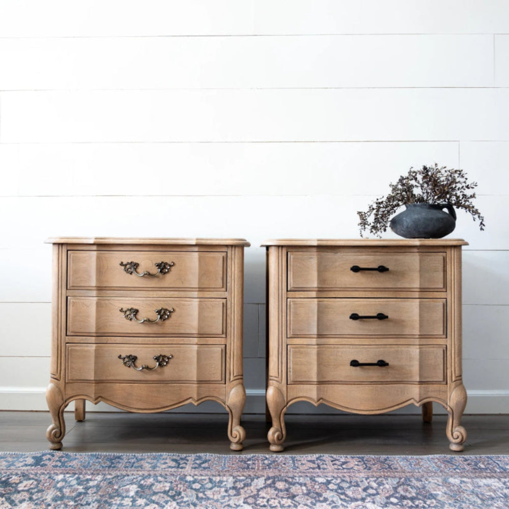 Carved wood pair nightstands in matching walnut finish, captured in a front view side by side.