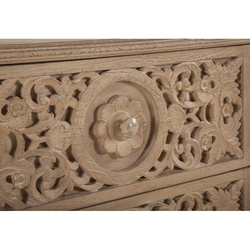 Hand Carved Wooden Nightstand in natural wood with two drawers, floral carving and showing close-up