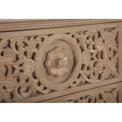 Hand Carved Wooden Nightstand in natural wood with two drawers, floral carving and showing close-up