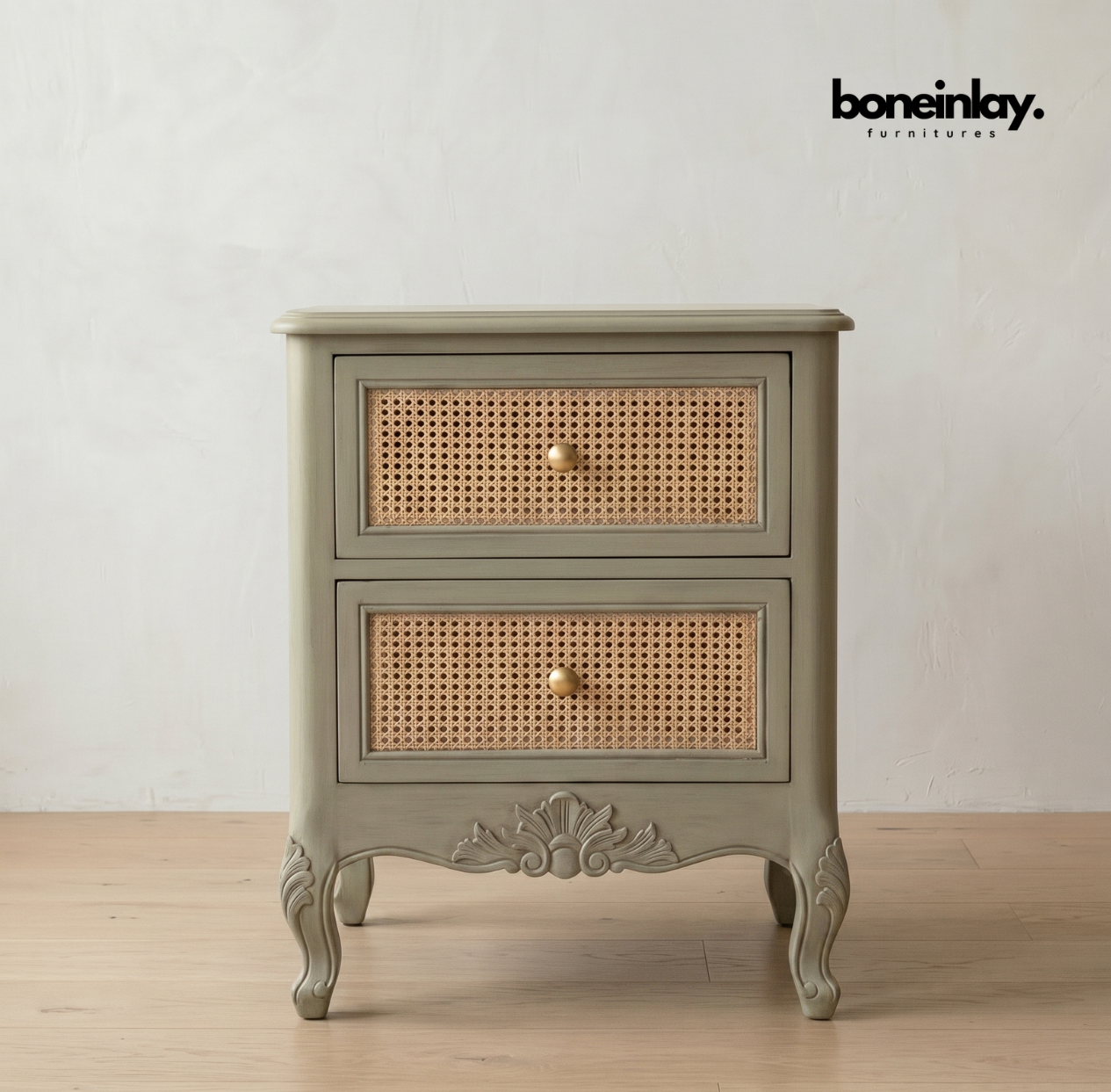 Carved wood and cane bedside nightstand boho-chic coastal cottage style