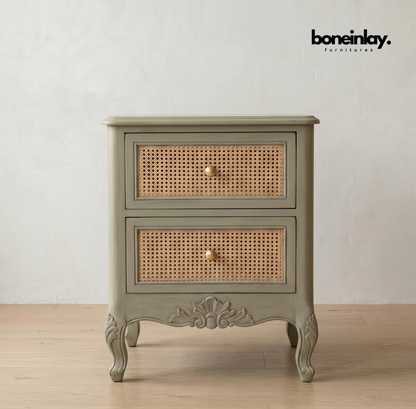 Carved wood and cane bedside nightstand boho-chic coastal cottage style