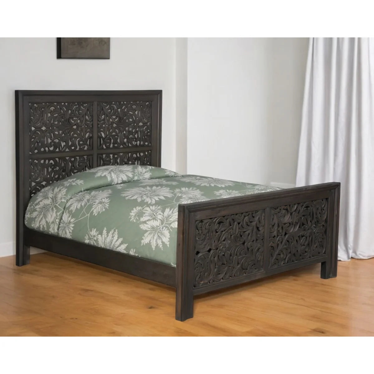 charcoal gray bed with headboard