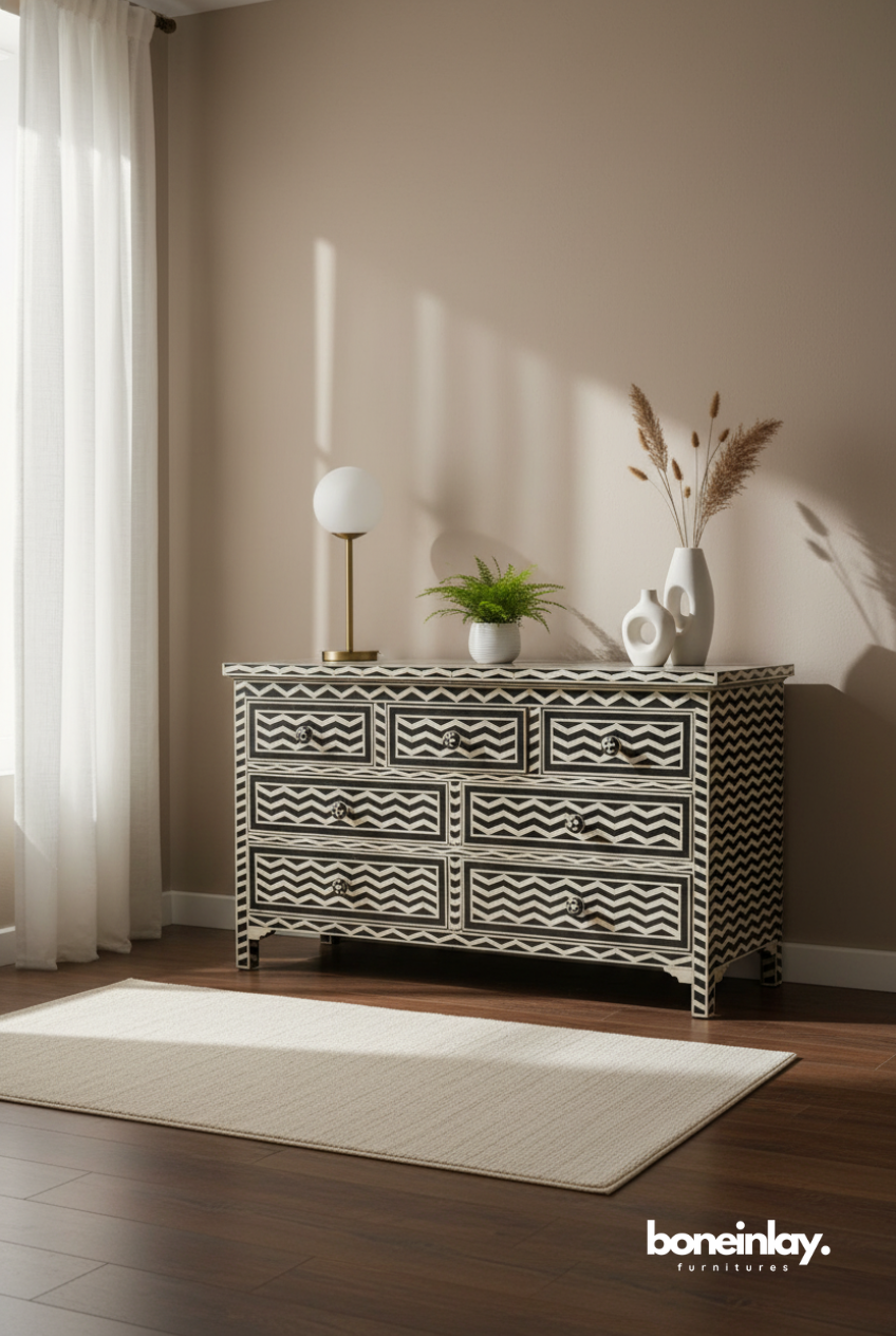 A luxury chevron bone inlay seven-drawer dresser featuring a high-contrast black and white monochrome zigzag pattern. The piece is accented with hand-carved floral knobs and an inlaid border, supported by elegant bracket feet. Shown in a bright, modern room, this artisanal storage cabinet perfectly blends traditional Indian craftsmanship with a bold, bohemian aesthetic.